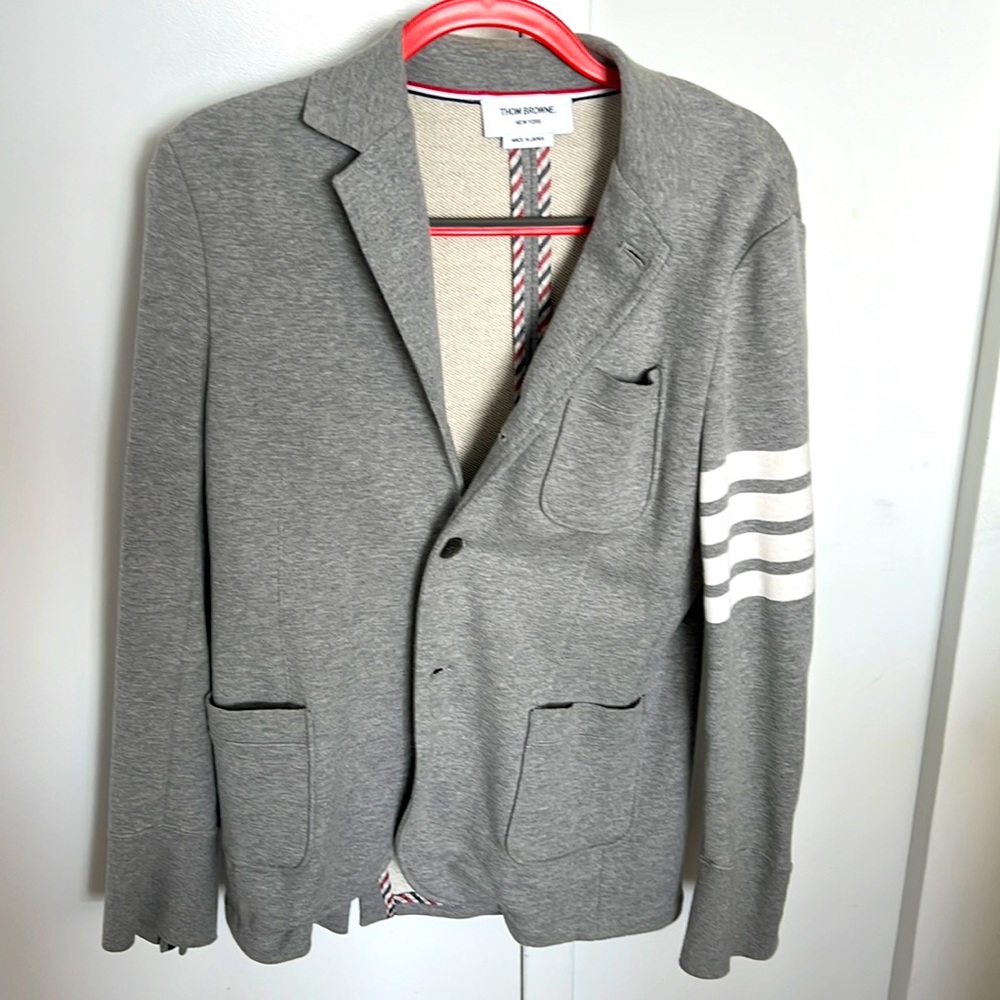 Thom Browne Gray Blazer with White Stripes
